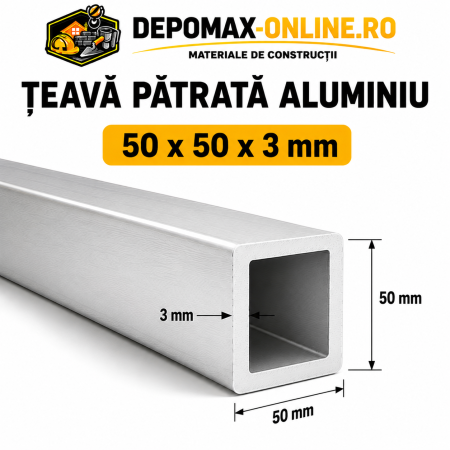 Teava patrata aluminiu 50 x 50 x 3 mm, 6 metri (EN AW-6060)